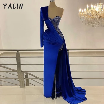 YALIN Prabanga Zawalcowany Afrikos vakarinę Suknelę Moteris Royal Blue Velvet Aukštos Ritininės Promenadzie Suknelė Oficialaus Ilgai Undinė Vestido De Fiesta