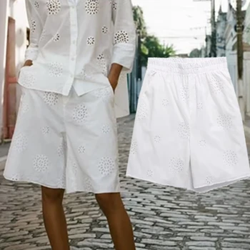 Nudžiūvo Mados Balta Spalva Vintage Cotton Prarasti Bermudai Moterų Išsiuvinėti Tuščiaviduriai Ponios Haremo Kelnės