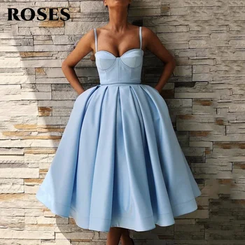 Elegantiška Mėlynos Spalvos Trumpą Homecoming Suknelės Brangioji Spagečiai Dirželiai Satino Suknelės, Šaliai, Kelio Ilgis Plisuotos-Line Prom Dresses