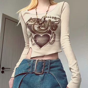 American Vintage O-kaklo Spausdinti marškinėliai korėjos Prašmatnus Long Sleeve Tee Marškinėliai Rudenį Sexy Hot Slim Fit Derliaus Viršuje Padalinta Viršūnes Moterims