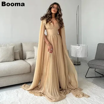 Booma Saudo Arabų Šampano Vakaro Suknelės Ilgai Žaliojo Rankovėmis Moterims Oficialią Šalies Proga Suknelės Klostes Šifono Prom Dress