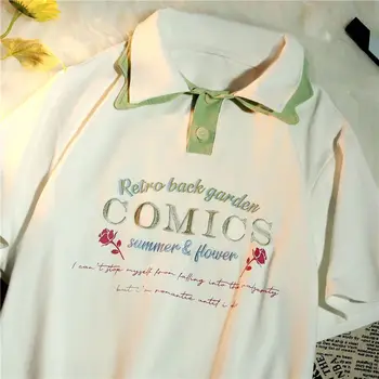 Laiškas Siuvinėjimo Trumpas Rankovės marškinėliai Polo Moterų Puloveriai Mielas Harajuku Jungiamąją Apykaklės Prarasti Puloveriai Negabaritinių Paaugliams Kawaii