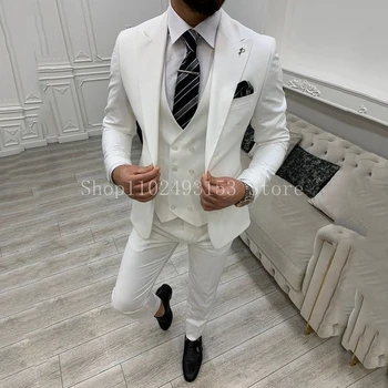 Naujas Mados Baltųjų Vyrų Kostiumai Slim Fit 3 Gabalus Elegantiškas Oficialų Classic 