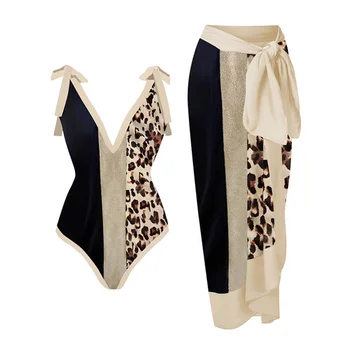 Derlius V-Kaklo Leopard Colorblock Spausdinti Vientisas Maudymosi Kostiumėlis Moterų Retro Maudymosi Kostiumėlį Dizaineris Maudymosi Kostiumą, Vasarą Dėvėti Surf