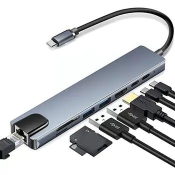 8 1 USB C Hub 65W PD Greitai Imti HD Greitai Perdavimo Docking Station HDMI+RJ45+PD+USB3.0 4K Hub C8F9