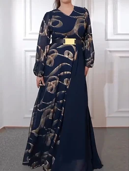 Moteriški Šifono Suknelės Afrikos Dashiki Spausdinti Šalis Suknelė Dubajaus Musulmonų Ilgomis Rankovėmis Abayas Elegantiškas Ponios Vakarinę Suknelę Boubou