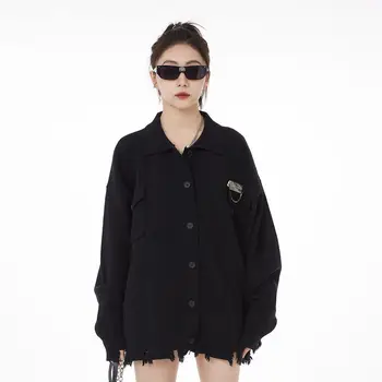 Deeptown Vintage Black Džemperis Moterims Japonijos Mados Megzti Button Cardigan Gotikos Trikotažas Korėjos Stiliaus Streetwear Negabaritinius