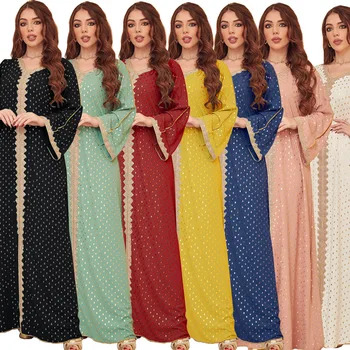 Pavasarį, Vasarą Maroko Kaftan Musulmonų Moterų Suknelė Ilgomis Rankovėmis Prarasti V Kaklo Aukso Antspaudas Dubajus Skraiste Abayas Kuklus Komplektus 2023