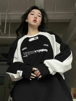 Deeptown American Retro Y2k Negabaritinių Marškinėlius Moterims Crewneck Japonijos Harajuku Streetwear Hoodie Juoda Long Sleeve Top 2023
