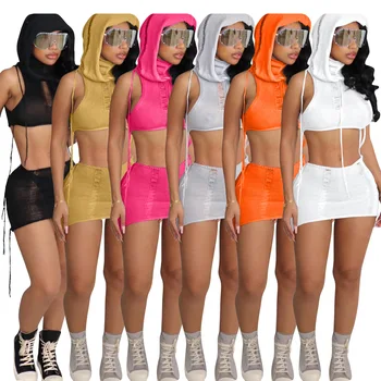 2023 Vasarą Moterys 2 dalių Komplektas Hoodis Pasėlių Viršuje Tankai Kankina Mini Sijonas Kostiumas Y2K Nėrimo Komplektus Streetwear Šalies Klubas Paplūdimio Drabužiai