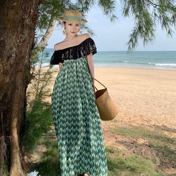Vasaros Black lotus lapų Tulžys vieno peties suknelė, sijonas Sanya pajūrio turizmo paplūdimio sijonas temperamentas ilga suknelė