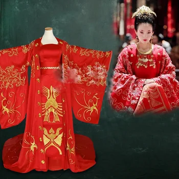 Filmo Pokylių Aktorė Ziyi Zhang Aukso Raudona Spalvingas Siuvinėjimo Phoenix Hanfu Ilga Uodega Nuotaka Vestuvių Kostiumas Imperatorienė Hanfu