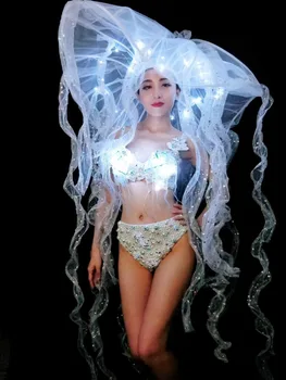 LED Kristalai Liemenėlė Skrybėlę Seksualus Baltųjų Perlų Bikini Moterims Kostiumai, naktiniame klube Bar Etapo Komplektus Modelis Podiumo DJ pasirodymas Šokių Drabužiai