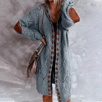 Naujas Šiltas Moteris Rudens-Žiemos Ilgos Rankovės Atidaryti Priekiniai Hoodie Mezgimo Atsitiktinis Modelis Atspausdintas Kietas Mados Long Cardigan Megztinis