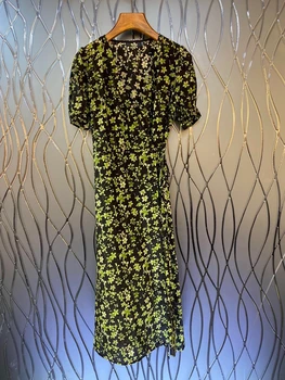 2023 naujas moterų mados trumpomis rankovėmis V-kaklo gėlių spausdinti diržo slim fit vidutinio ilgio suknelė suknelė 0614