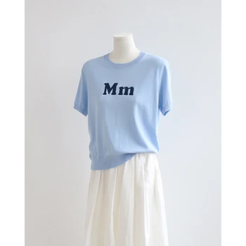 2023 Vasarą Moterys korėjos Dongdaemun Lajocelis Trikotažo marškinėliai Kontrastas Tuščiaviduriai Trumpas Rankovėmis Tee Knitwears Laiškas Spausdinti Nėrimo Viršų