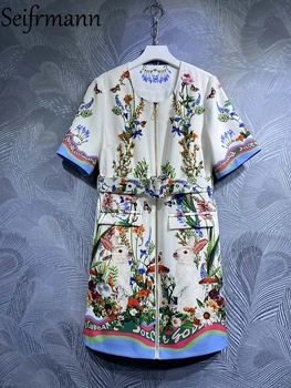 Seifrmann Aukštos Kokybės Vasaros Moterų Mados Dizaineris Midi Suknelė Trumpomis Rankovėmis Su Diržu Gėlių Spausdinti Kristalų Duobute Suknelės