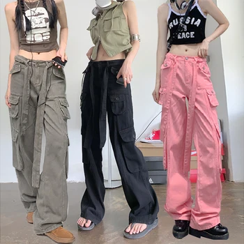 Moterų Retro darbo drabužiai Pločio Kojų Krovinių Kelnės Amerikietiško Stiliaus Hip-hop ' o Kelnės Multi-pocket Prarasti Atsitiktinis Kelnės Derliaus Streetwear