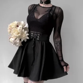 Gotikos Juodas Sijonas, Japonų Stiliaus Hipster Juoda JK Burbulas Moterų Nėriniai-up Atgal Zip Ins Mergina Mini Sijonas Klostuotas