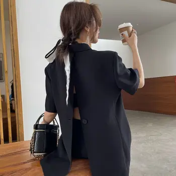 Backless Baltas Kostiumas Striukė Moterims Trumpomis Rankovėmis Office Lady Korėjos Mados Kailis Dizaineris Aukštos Kokybės Vasaros Striukė Su Pamušalu Naujas