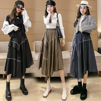 Korėjos Stilių, Midi Sijonas Moterų Mados Atsitiktinis Retro Juoda Plisuotos Sijonai Moterų Nereguliarus Stilingas, Elegantiškas Faldas