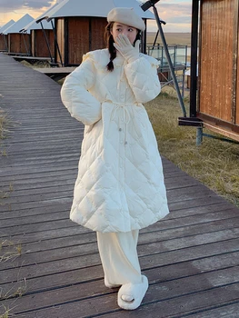 Žiemos Ilgos Žemyn Paltai Moterims Lėlės Apykaklė Balta Antis Žemyn Striukė Korėjos Mados Vieno Krūtinėmis Nėrinių Parkas Šiltas Puffer Coat