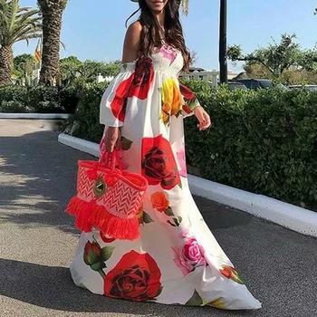 Moterims, Elegantiška Tunika Aukšto Juosmens Elastinga Šifono Gėlių Spausdinti Off Peties Maxi Suknelė Bohemijos Paplūdimio Ilgos Suknelės Vestidos