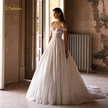 Loverxu-Line Išskirtinį Vestuvių Suknelės 2023 Brangioji, Nuo Peties Chalatas De Mariee Nėriniais, Blizgučiais Blizgučiai Nuotakos Suknelė
