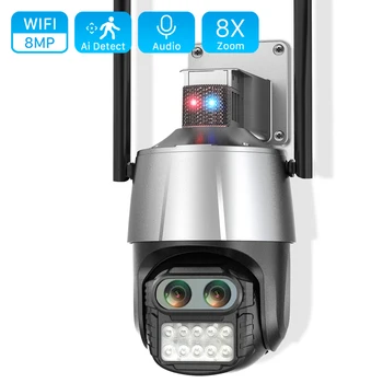 4K 8MP PTZ) IP Camera, Dual Objektyvas 8X Zoom WiFi Lauko Apsaugos Kamera su apsaugos nuo vagystės Signalizacijos Sirena AI Žmogaus Aptikimo VAIZDO Kamera