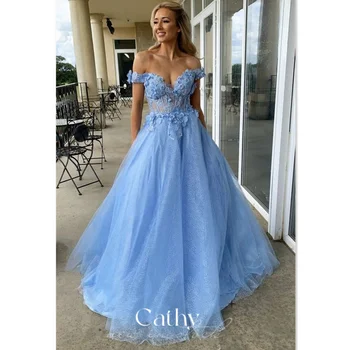 Cathy Blizgučiai Baby Blue Šalis Suknelė Off Peties Vakaro Suknelės Blizga-line Vestidos De Noche Nėriniai Siuvinėjimo Promenadzie Suknelė 2023