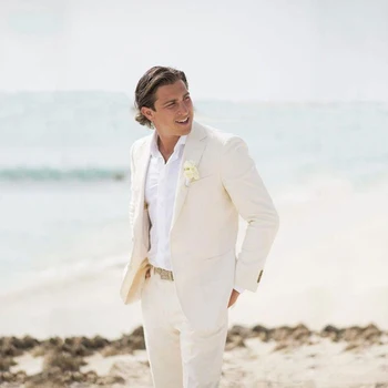 Vasaros Paplūdimio Dramblio Kaulo Lino Kostiumai Vyrams Vestuvių Kostiumai Jaunikis Dėvėti Tinkamą Jaunikį Slim Fit Atsitiktinis Smokingas Geriausią Vyro Švarkas