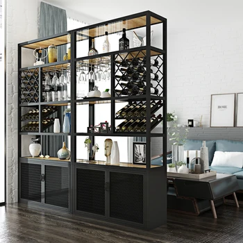 Naujas Kinų stiliaus kaustytomis geležies vyninės šviesos prabangus vyno kabineto laikymo spintos ekranas lentynos nuo sienos, baras grindų vyno