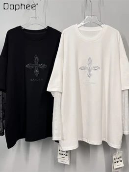 Laisvi Akių Susiuvimo Long Sleeve T-shirt Moterų 2023 Pavasarį ir Rudenį Naujų Išsiuvinėti kalnų krištolas Vidutinio Ilgio Megztinis Viršų