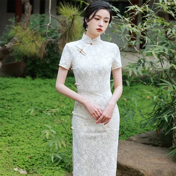 Elegantiškas Nėrinių Slim Qipao Moterų Derliaus Etninės Stiliaus Cheongsam Tradicinių Trumpas Rankovės Jauna Mergina Kinų Stiliaus Suknelė Modernus Naujas