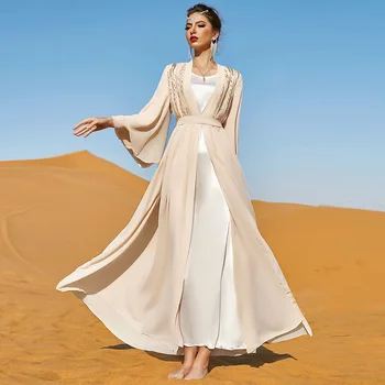 Kimono Abaja ir Vidinės Suknelę Smėlio spalvos Dvigubo Sluoksnio Šifono Nėrinių China Siuvinėjimo Musulmonų Dubajus Drabužius 2023 Naujas Turkija Kaftan Skraiste